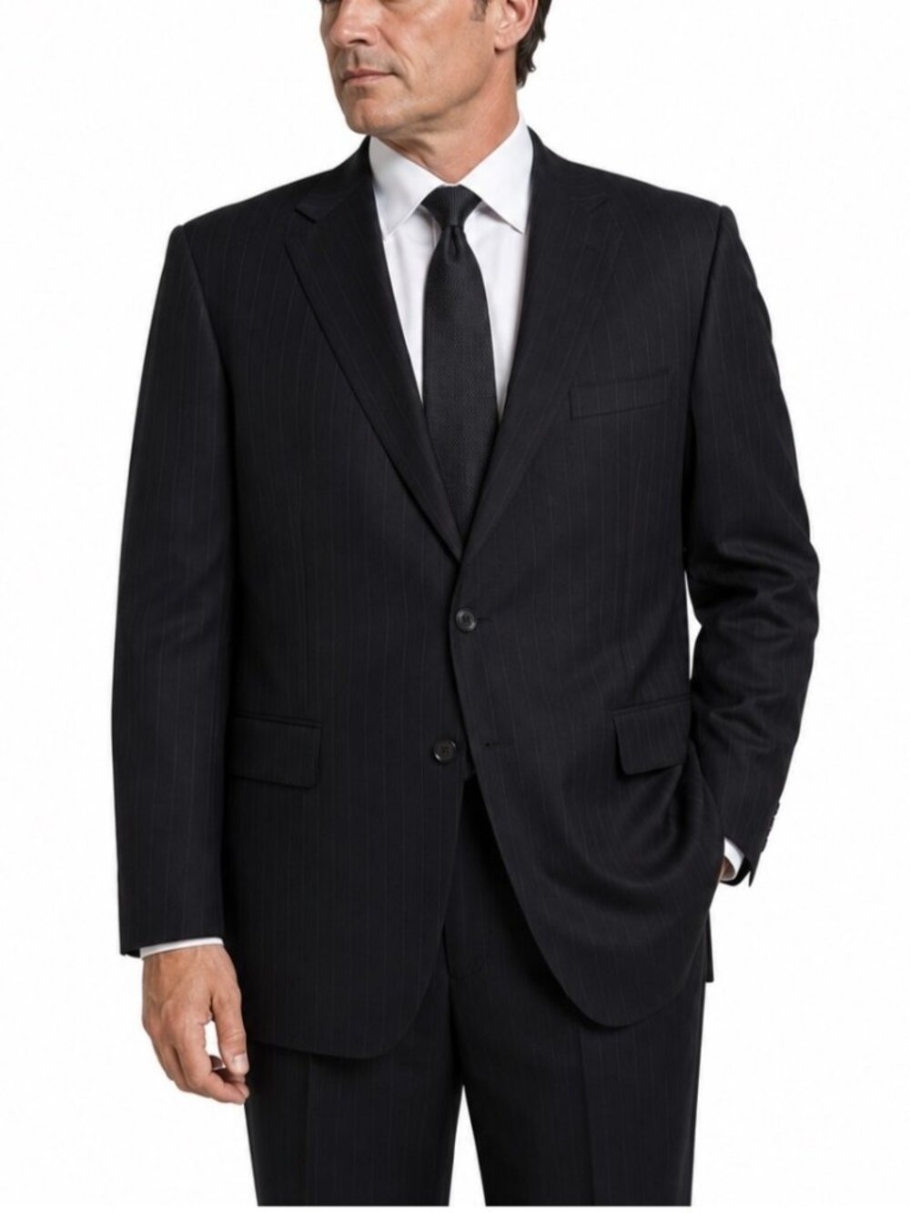 Rockys Custom  Jacket Mens Fits 48 Black Cashmere Wool Suit Stripe Gatsby Career